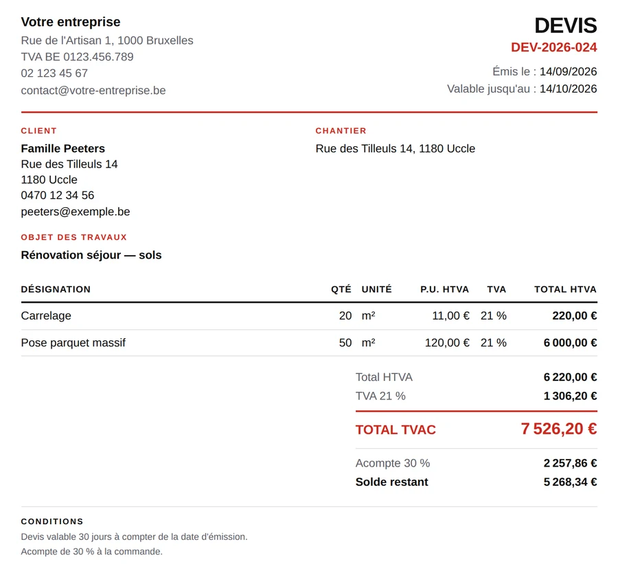 Devis QUOTO prêt à envoyer, avec total TVAC et acompte