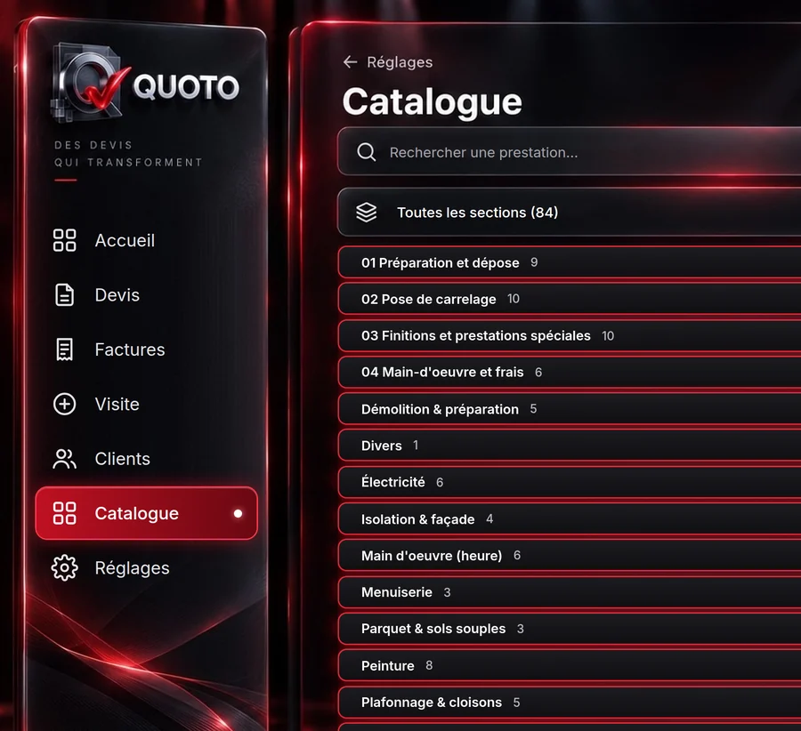 Catalogue de prestations QUOTO, classé par sections