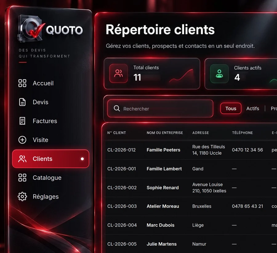 Répertoire clients QUOTO avec statuts prospect et actif